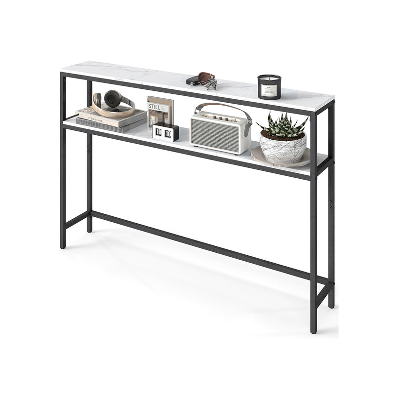 Two Tier Marble and Black Console Table for Hallway with Storage Shelf by Vasagle