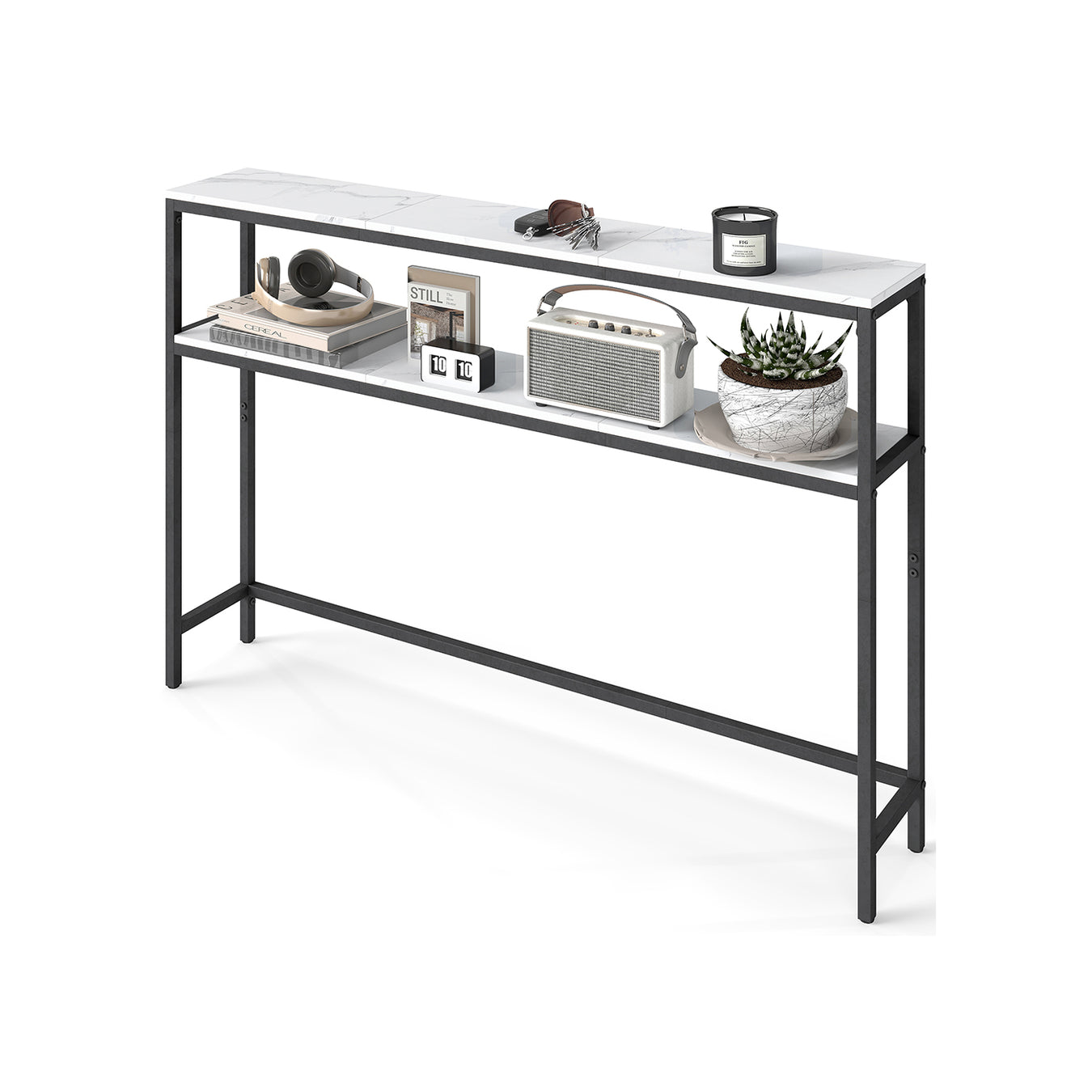 Two Tier Marble and Black Console Table for Hallway with Storage Shelf by Vasagle