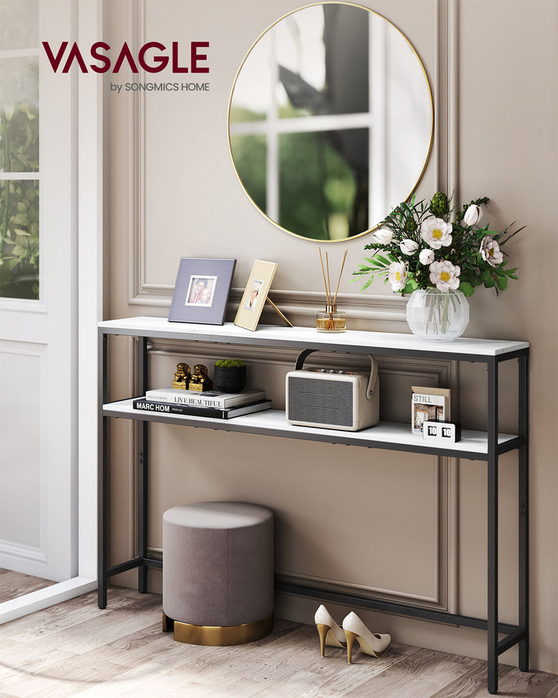 Two Tier Marble and Black Console Table for Hallway with Storage Shelf by Vasagle