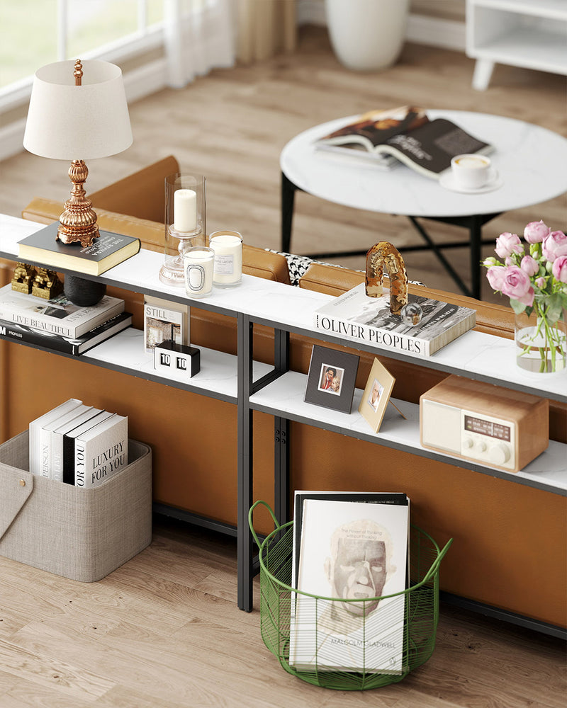 Two Tier Marble and Black Console Table for Hallway with Storage Shelf by Vasagle