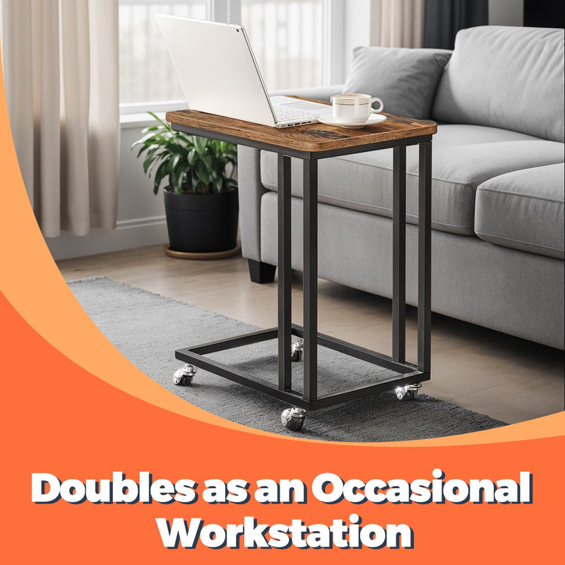 Industrial C Shaped End Table with Wheels for Living Room or Bedroom by Vasagle