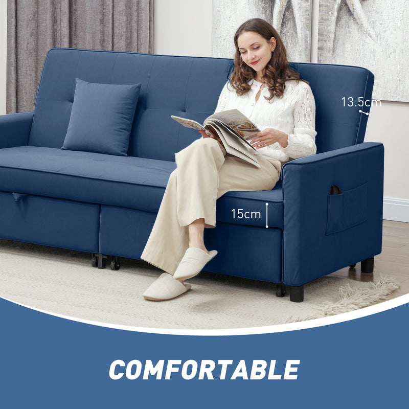Blue Three Seater Velvet Feel Sofa Bed Comfortable and Stylish by HOMCOM