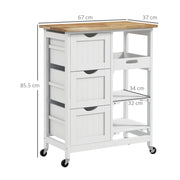 Rolling Kitchen Island Trolley with Drawers and Shelves for Dining or Bar Use White