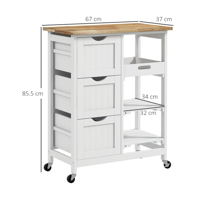 Rolling Kitchen Island Trolley with Drawers and Shelves for Dining or Bar Use White