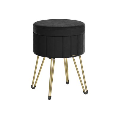 Ink Black Velvet Round Storage Ottoman with Metal Legs for Living Room by Songmics