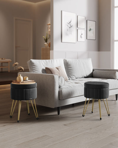 Ink Black Velvet Round Storage Ottoman with Metal Legs for Living Room by Songmics
