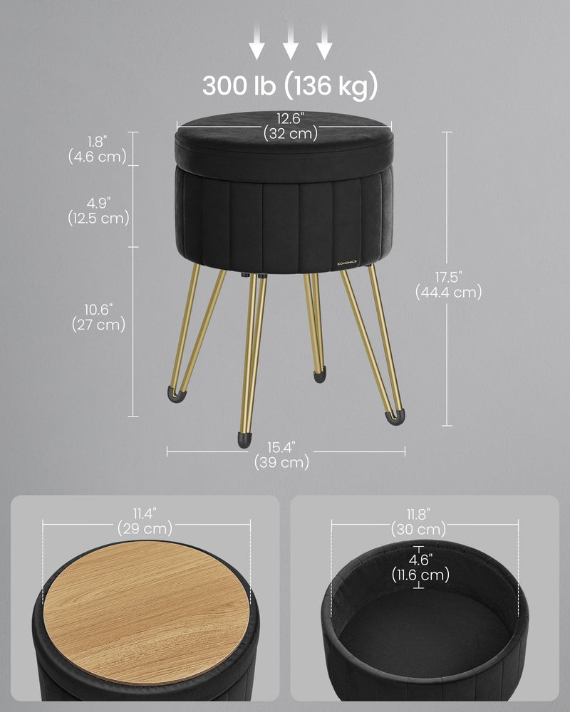 Ink Black Velvet Round Storage Ottoman with Metal Legs for Living Room by Songmics