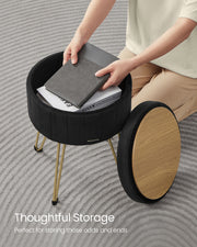 Ink Black Velvet Round Storage Ottoman with Metal Legs for Living Room by Songmics
