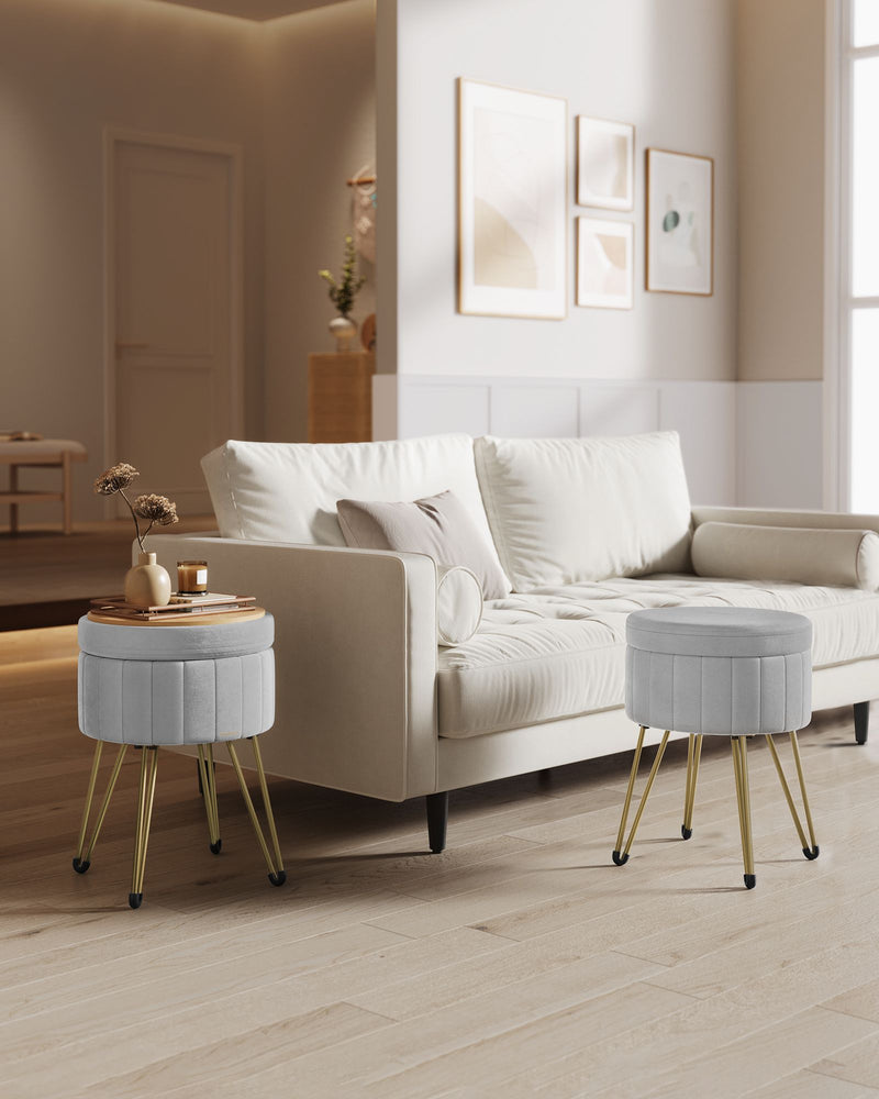 Velvet Round Storage Ottoman with Metal Legs in Dove Grey for Living Room by Songmics
