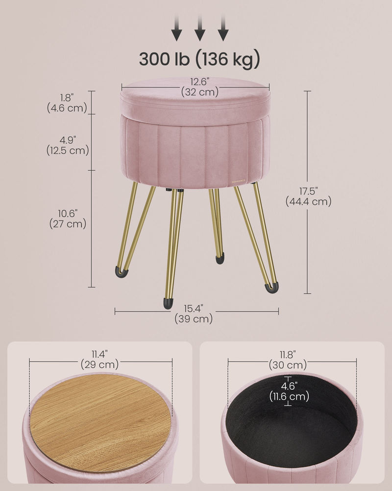 Velvet Round Storage Ottoman with Gold Metal Legs in Jelly Pink for Living Room by Songmics