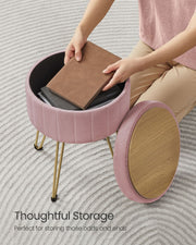 Velvet Round Storage Ottoman with Gold Metal Legs in Jelly Pink for Living Room by Songmics
