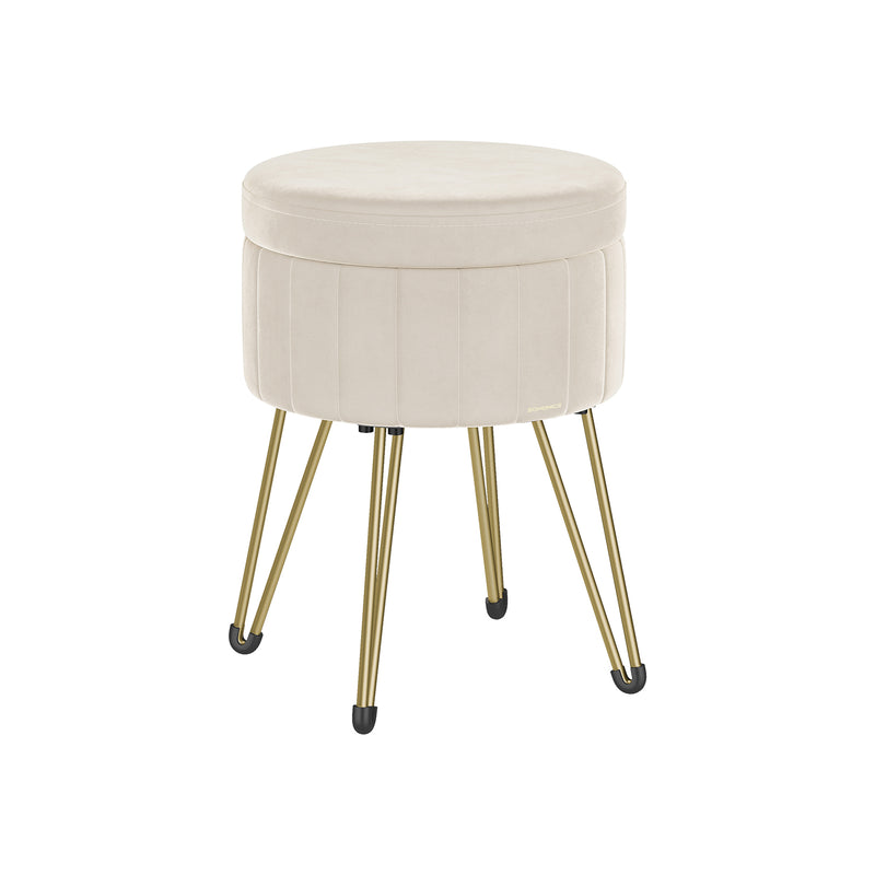 Cream Velvet Round Storage Ottoman with Gold Metal Legs for Living Room by Songmics