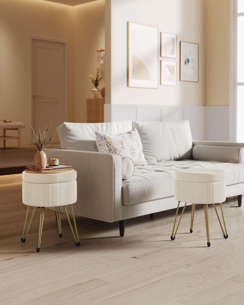 Cream Velvet Round Storage Ottoman with Gold Metal Legs for Living Room by Songmics