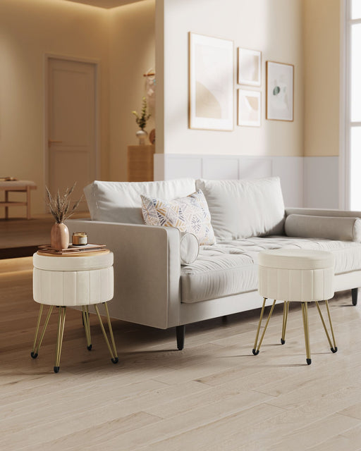 Cream Velvet Round Storage Ottoman with Gold Metal Legs for Living Room by Songmics
