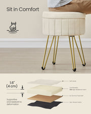 Cream Velvet Round Storage Ottoman with Gold Metal Legs for Living Room by Songmics