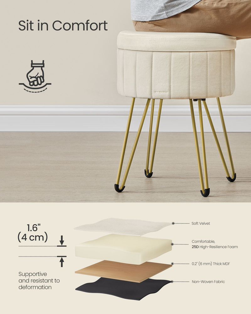 Cream Velvet Round Storage Ottoman with Gold Metal Legs for Living Room by Songmics