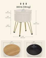 Cream Velvet Round Storage Ottoman with Gold Metal Legs for Living Room by Songmics