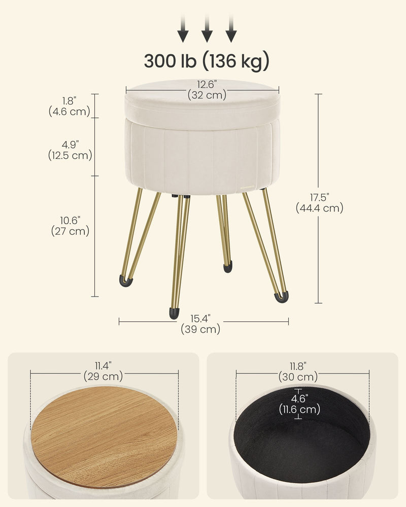 Cream Velvet Round Storage Ottoman with Gold Metal Legs for Living Room by Songmics