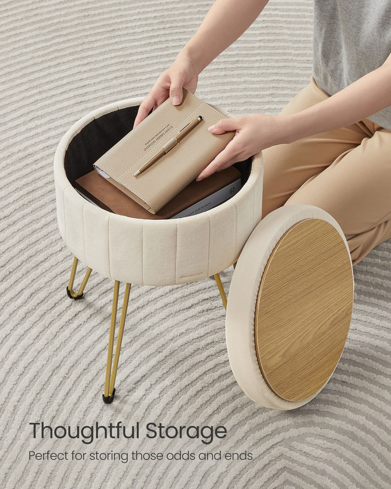 Cream Velvet Round Storage Ottoman with Gold Metal Legs for Living Room by Songmics