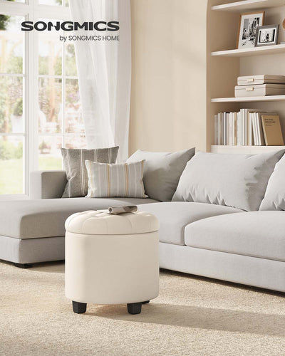 Round Upholstered Ottoman with Storage Compartment and Footrest for Living Room by Songmics
