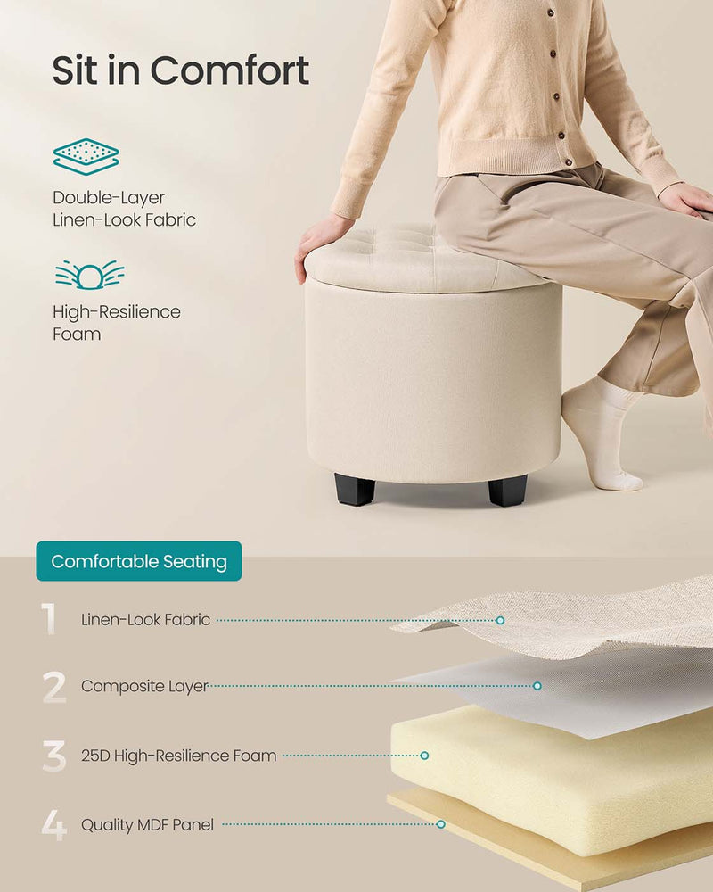 Round Upholstered Ottoman with Storage Compartment and Footrest for Living Room by Songmics
