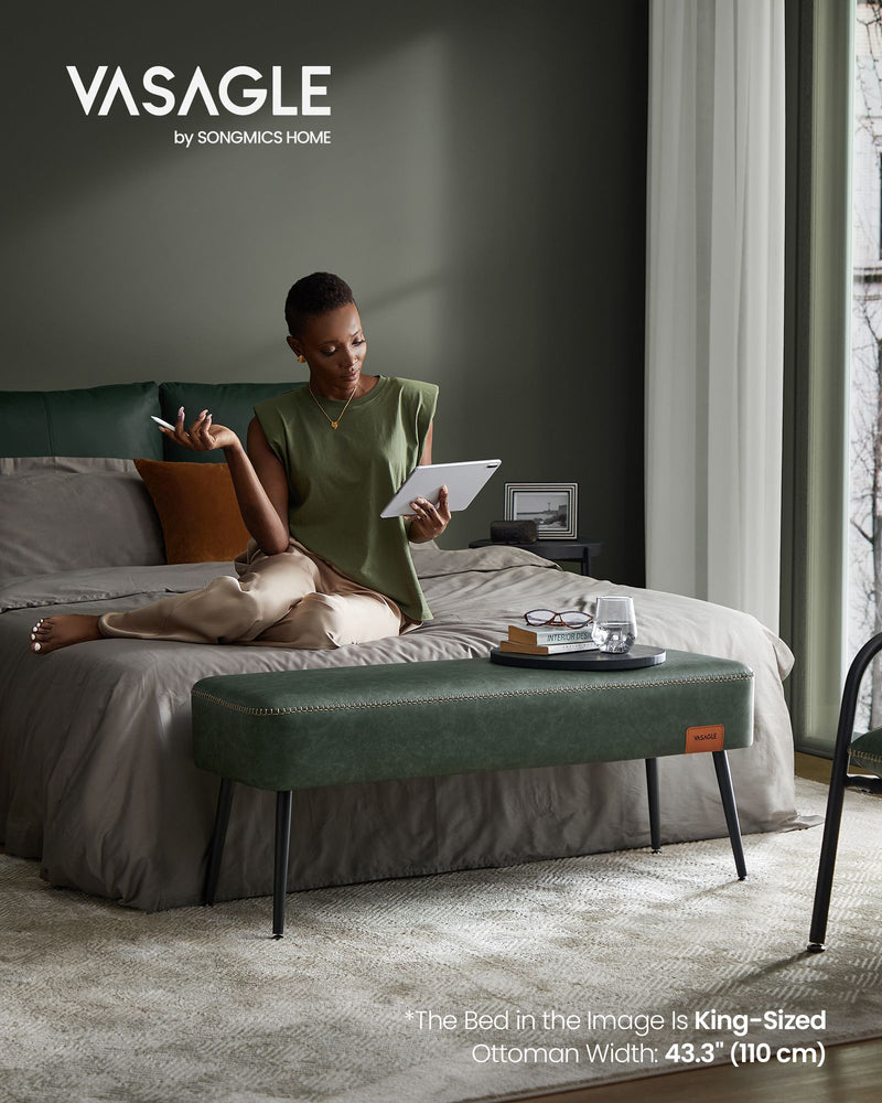 Forest Green Ottoman Bench Upholstered with Storage for Bedroom or Hallway by Vasagle