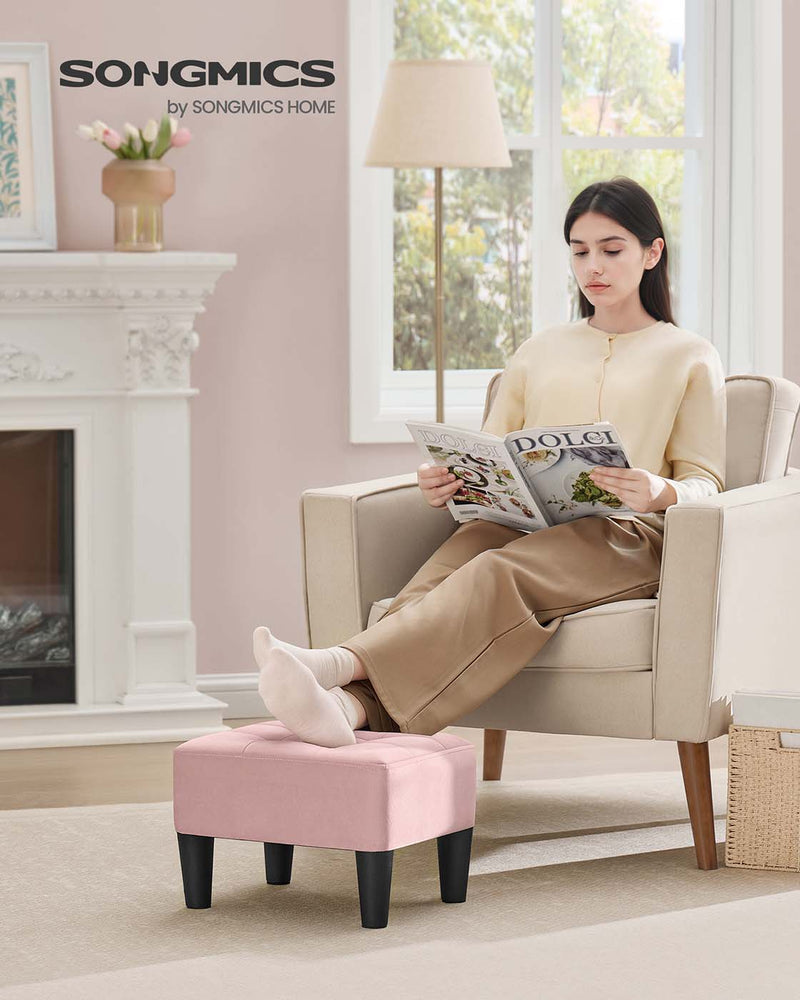 Velvet Ottoman Footstool with Thick Cushioned Seat in Pastel Pink and Black by Songmics