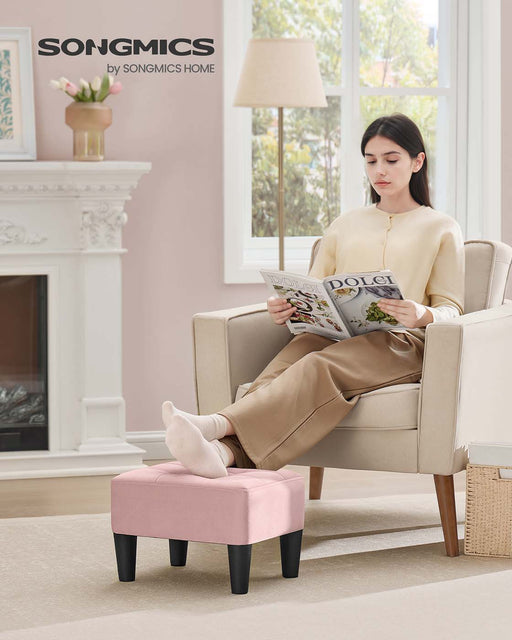 Velvet Ottoman Footstool with Thick Cushioned Seat in Pastel Pink and Black by Songmics
