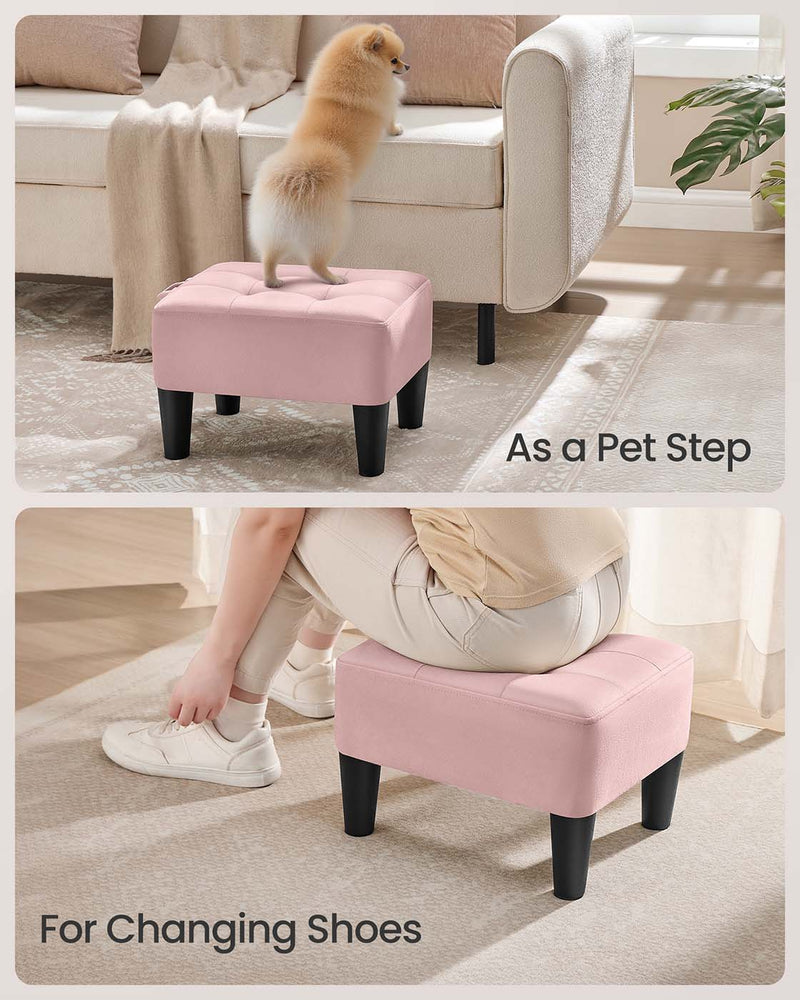 Velvet Ottoman Footstool with Thick Cushioned Seat in Pastel Pink and Black by Songmics