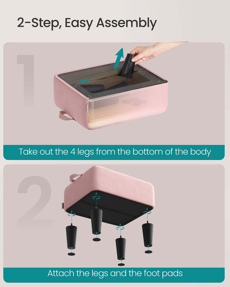 Velvet Ottoman Footstool with Thick Cushioned Seat in Pastel Pink and Black by Songmics