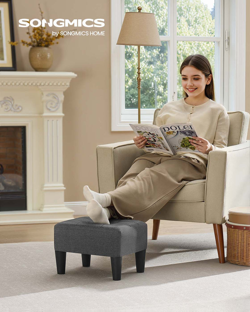 Linen Look Fabric Ottoman Footstool with Thick Padded Cushion in Slate Grey and Black by Songmics