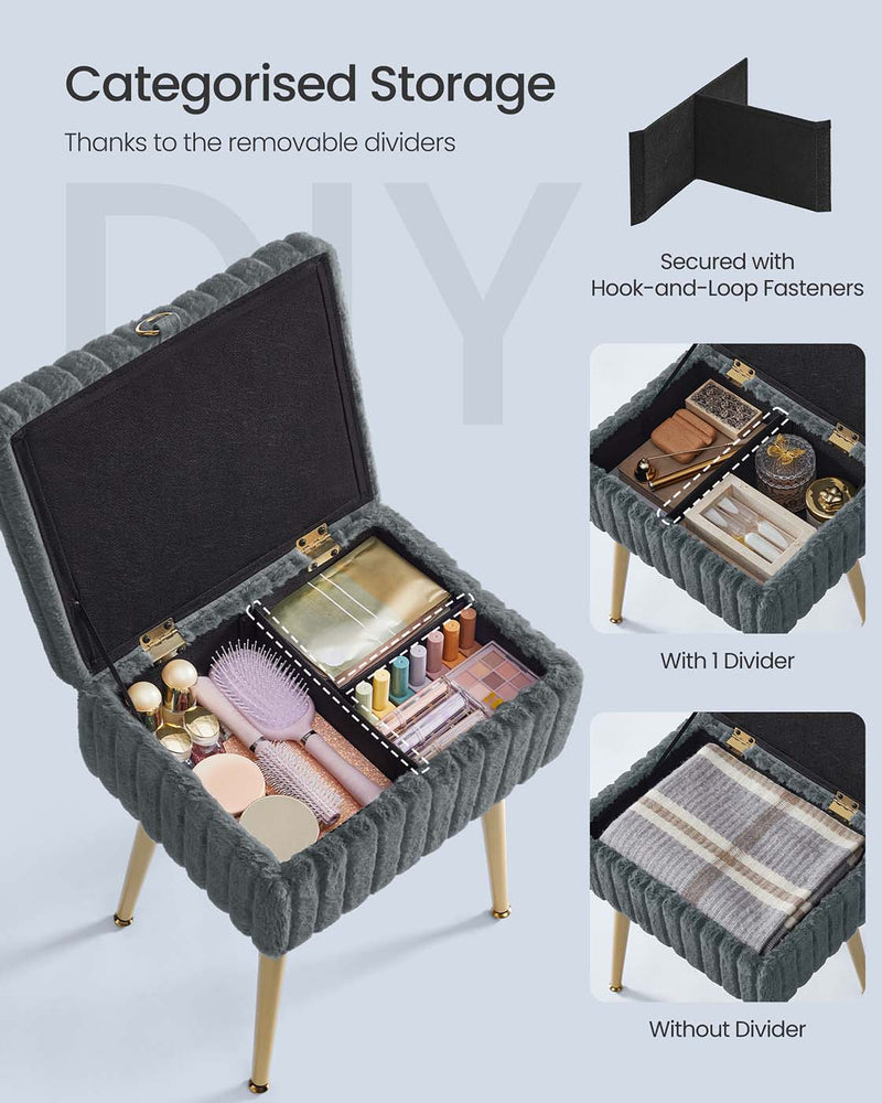 Vanity stool styled beside a dressing table with makeup on top