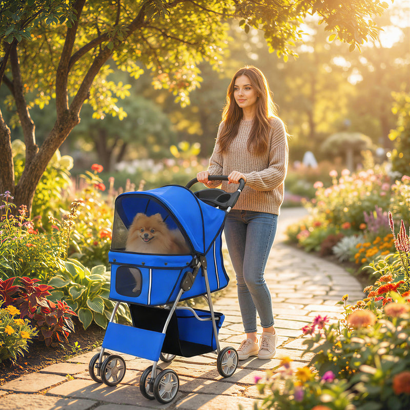 Pet Stroller for Small or Elderly Pets with Foldable Frame and Mesh Windows Blue