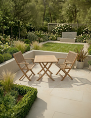 London 2 seater acacia wood folding garden bistro set with 70cm square table and two rope folding armchairs