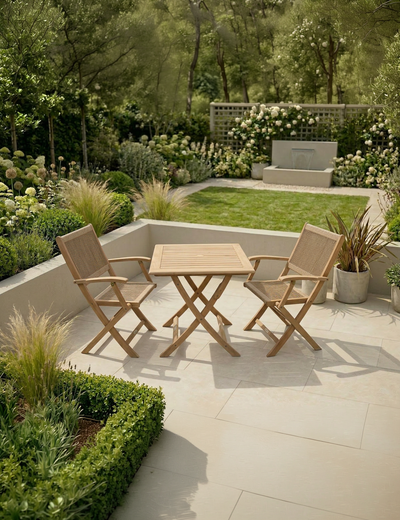London 2 seater acacia wood folding garden bistro set with 70cm square table and two rope folding armchairs