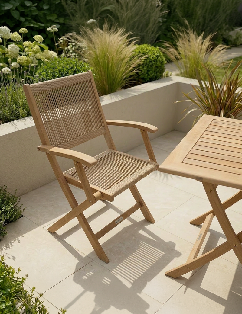 London folding bistro set laid out on a balcony