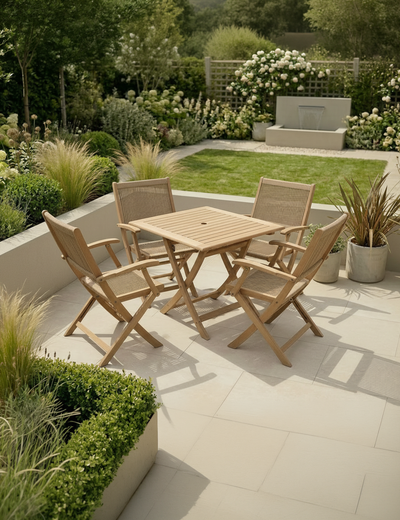 London 4 seater acacia wood folding garden dining set with 90cm square table and four rope folding armchairs