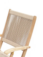 Close detail of the London acacia frame and rope seat detailing