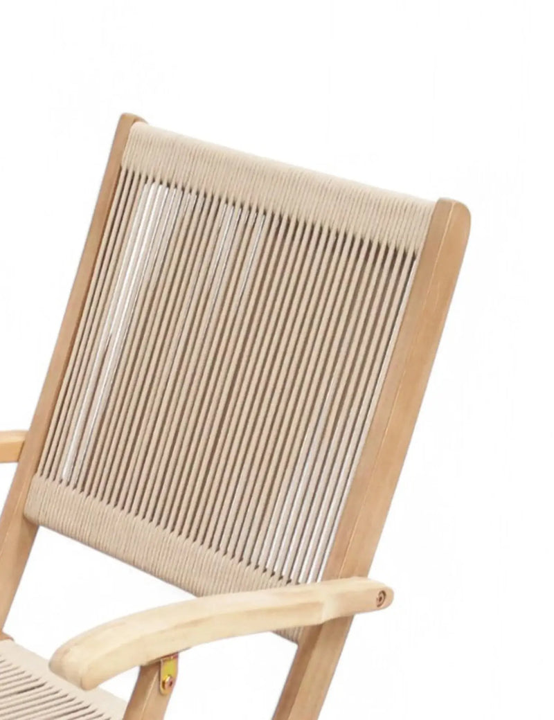 Close detail of the London acacia frame and rope seat detailing