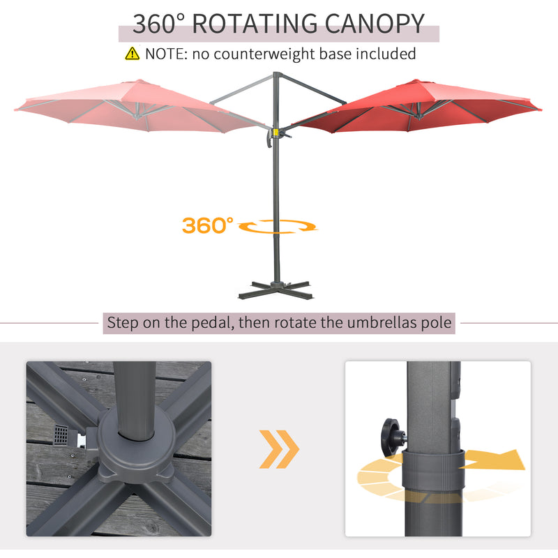Wine Red 3 x 3m Cantilever Parasol With Crank Handle And Cross Base For Garden Shade