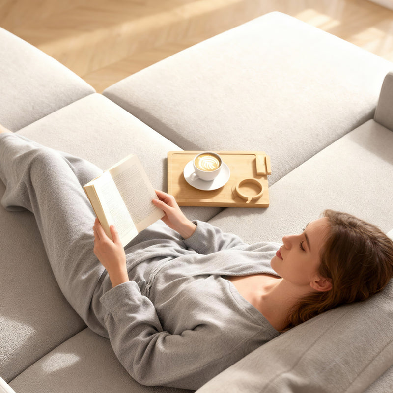 Sofa Arm Tray with Rotating Device Holder and Removable Cup Holder Bamboo Natural Wood