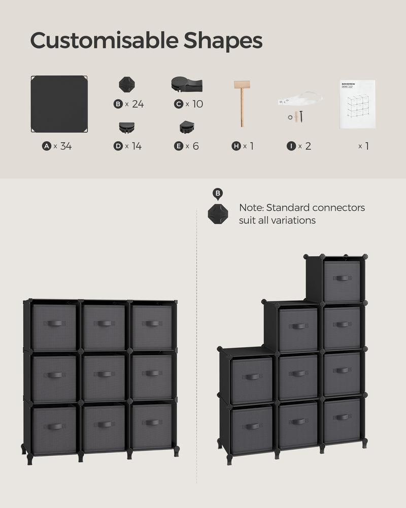 9 Cube Storage Organiser with Fabric Drawers in Ink Black and Dove Grey by Songmics