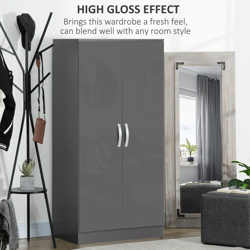 2 Door High Gloss Wardrobe With Hanging Rail And Shelf For Bedroom Storage Grey