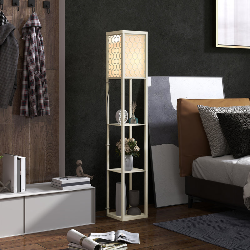 Three Shelf Standing Floor Lamp with Oak Frame and White Shade for Living Room by HOMCOM