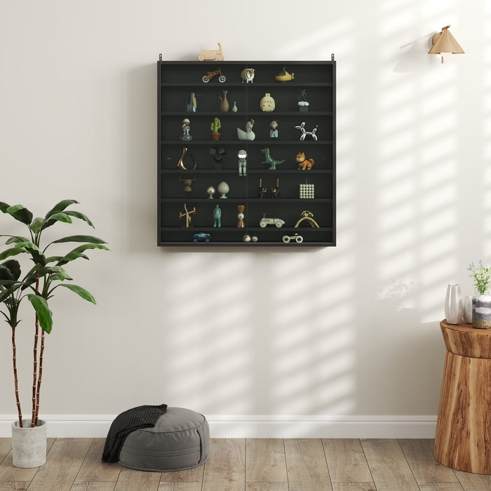 Black 7 Tier Wall Display Cabinet with Glass Doors and Adjustable Shelves by HOMCOM