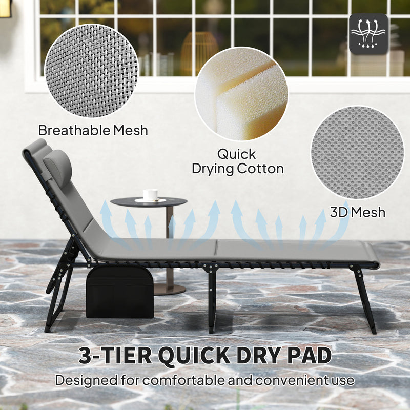 Set of 2 Folding Sun Loungers with Reclining Backrest and Side Pocket Light Grey by Outsunny