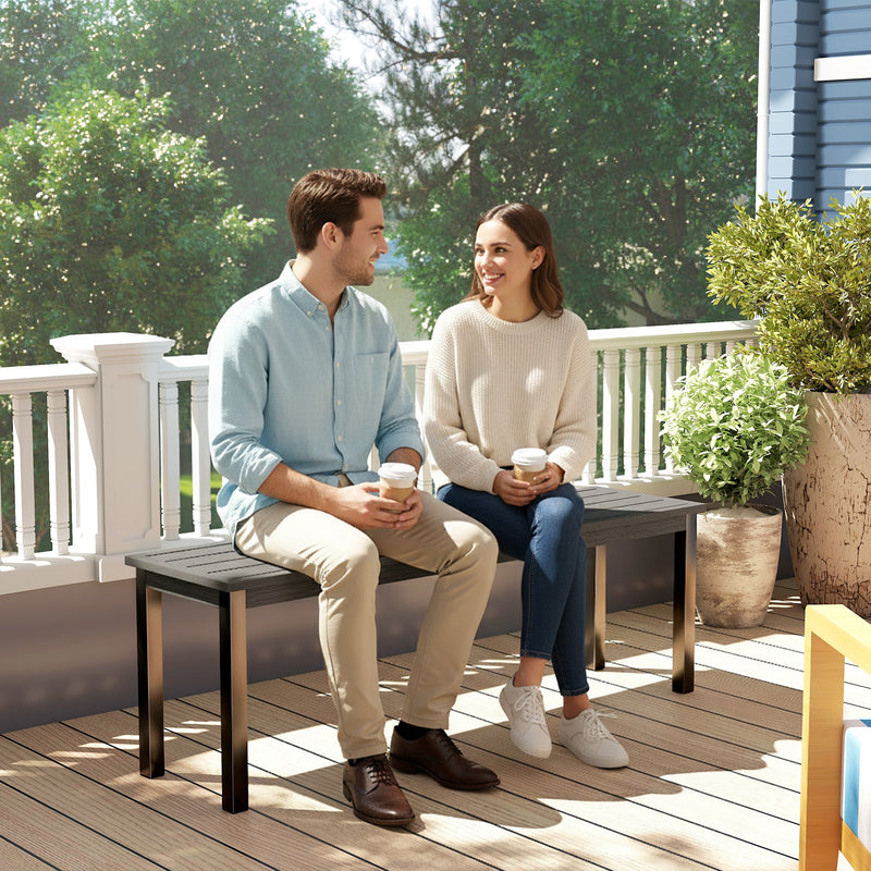 Garden Bench for Two with Durable Wood Effect Seat and Steel Frame Grey Black Outsunny
