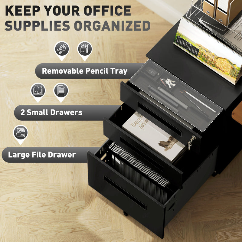 Black Metal Mobile File Cabinet with Lockable Drawers and Wheels for Home Office by Vinsetto