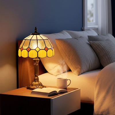 Tiffany Style Stained Glass Table Lamp - Handmade Glass Table Lamp with Art Deco Design for Living Room White & Orange Homcom