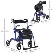 2 in 1 Wheelchair Transport Chair and Folding Rollator Walker with Seat and Bag by HOMCOM AOSOM
